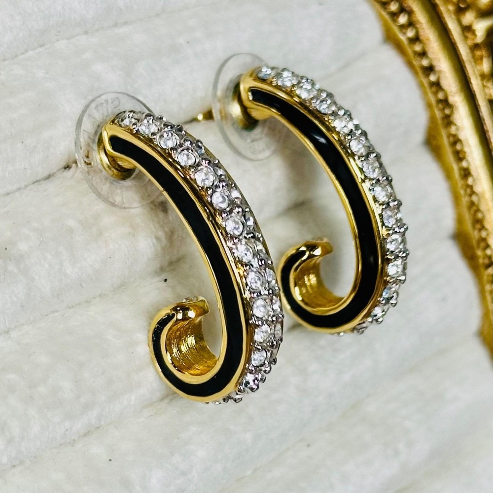 Vintage Swarovski Black Enamel J Hoop Earrings Crystal Pave Gold Swan Signed